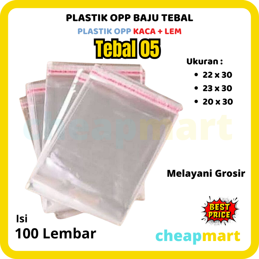 

(05) 20x30/22x30/23x30 isi 100-lbr Plastik OPP Kaca + Lem Packing bening Seal Konveksi Jahit Bungkus Baju Kaos Sandal Hodie Kerudung Anak Dewasa