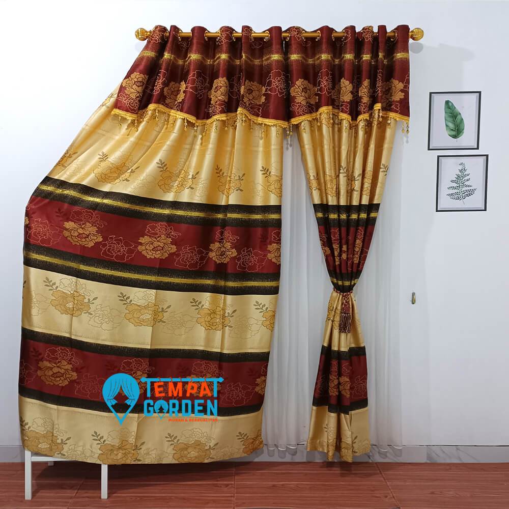 Gorden Prada Gorden Local Kualitas Premium Gorden Minimalis Motif Bunga Mawar Strip Gold Warna Merah