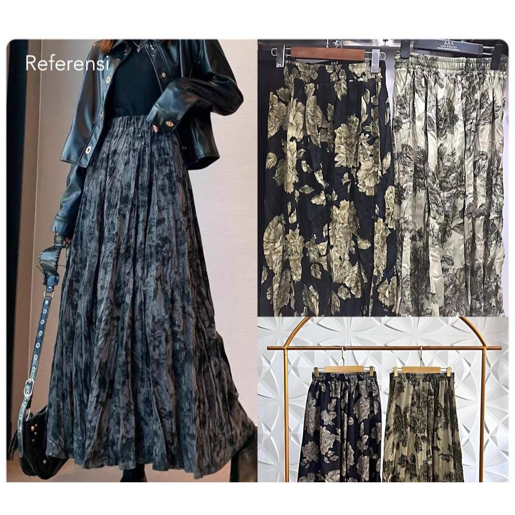ROK A KATUN LEBAR MOTIF BUNGA / ABSTRAK BUNGA RANDOM PINGGANG FULL KARET KELILING PREMIUM WANITA BAW