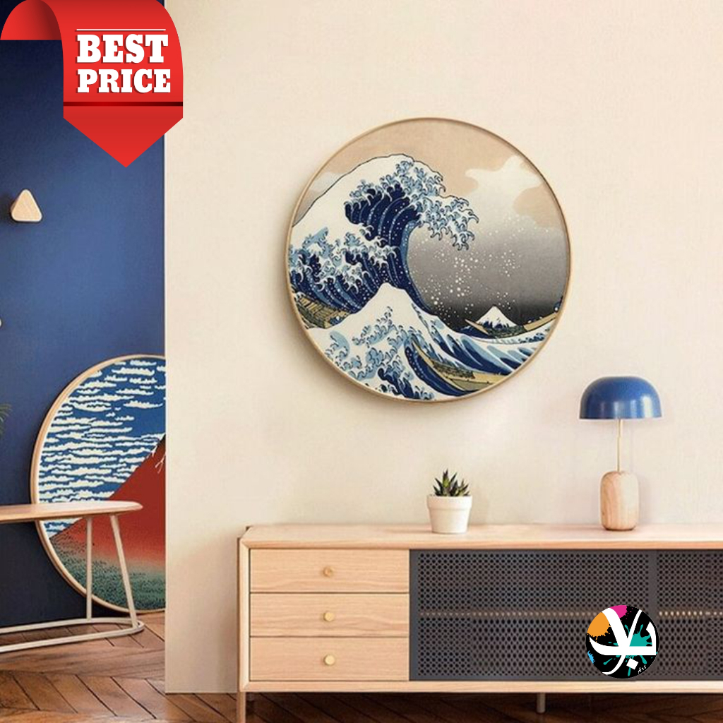 Lukisan kanvas ombak-lukisan kanvas bulat - lukisan jepang - lukisan bulat diameter 100cm