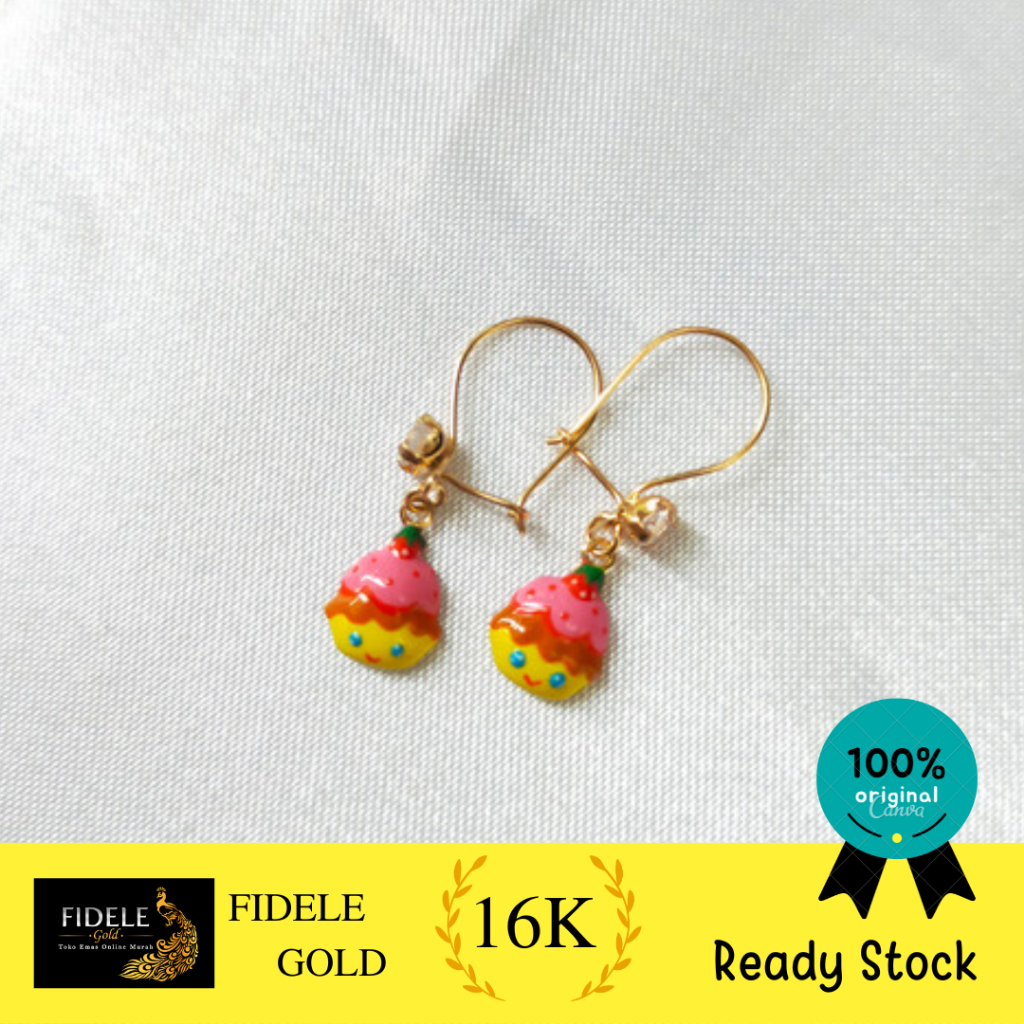 Anting anak cat strawberry cupcakes emas asli kadar 700