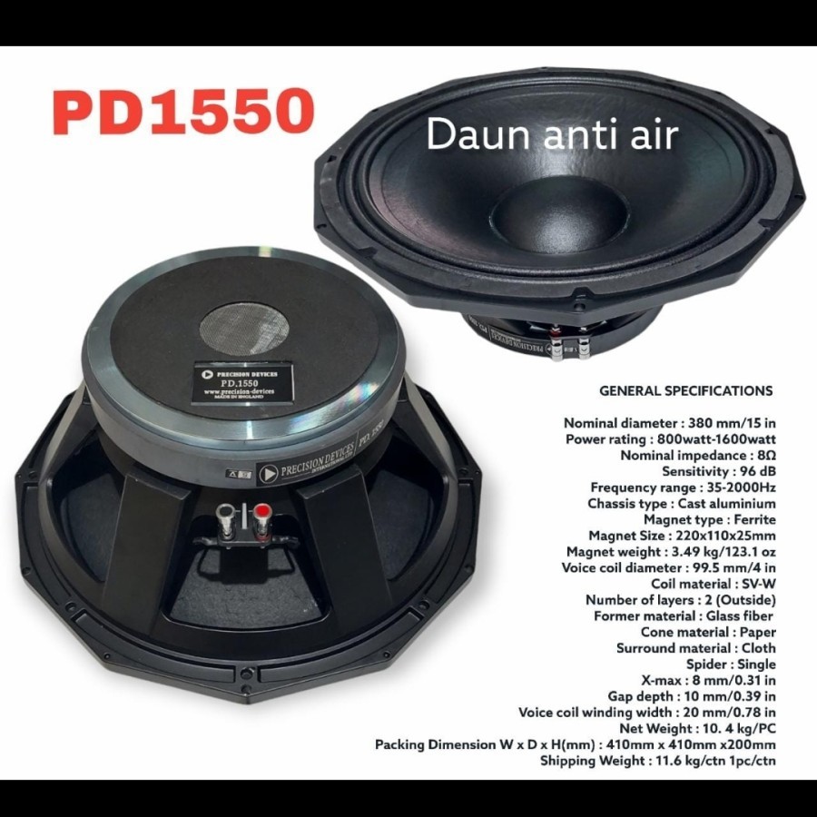 Speaker Komponen Precision Devices PD1550 / PD 1550 15 inch VC 4 inch