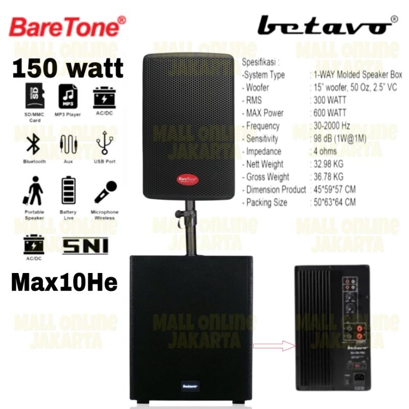 Paket speaker Aktif portable Baretone 10 inch Max 10he + Subwoofer Aktiv Betavo 15 inch Sa 150Pro