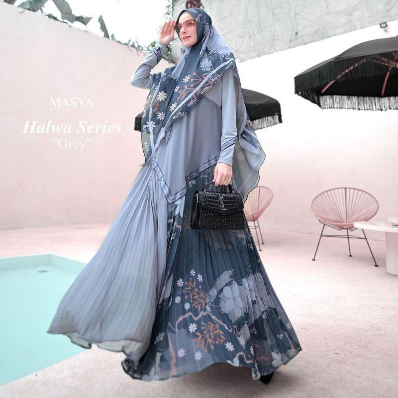 Set Gamis Dress Ceruty Babydoll Printing Premium Syari Branded Merah Maroon - Broken White - Ungu - 