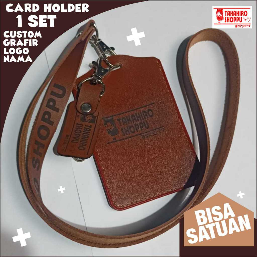 

ID Card Holder Kulit 1 set + Lanyard Custom Grafir Nama Logo Satuan