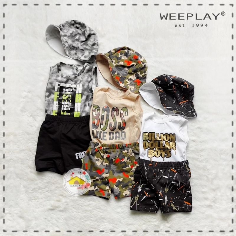 Set WEEPL@Y Baby Boys 3in1 Sleeveless Bodysuit, Shorts, & Bucket Hat Set