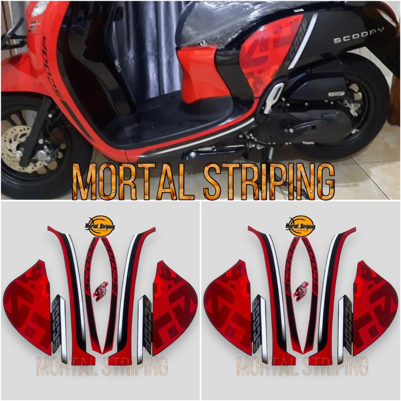 STIKER STRIPING LIS LES BODI MOTOR HONDA SCOOPY FI SPORTY 2020 2021 HITAM MERAH