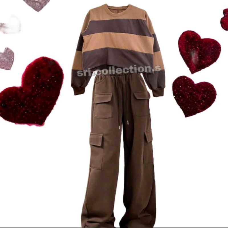 Je ONESET KIYOWO SWEET PANTS JOOLY UP CARGO WANITA OVERSIZE JUMBO SETELAN SWEATER CROPE WANITA +