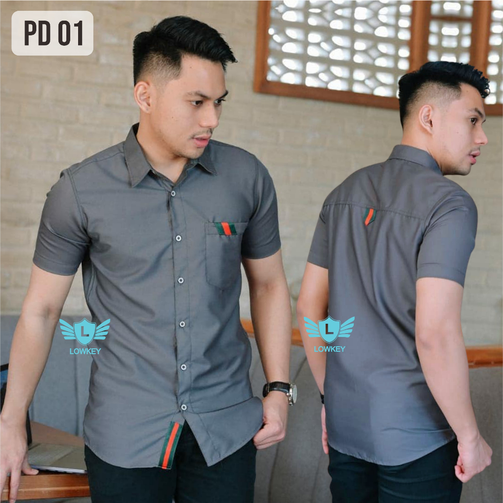 Kemeja Pria Slimfit Lowkey Premium PD 01 Abu-Abu | Hem Atasan Kemeja Baju Laki-laki/Cowok Slimfit Ke