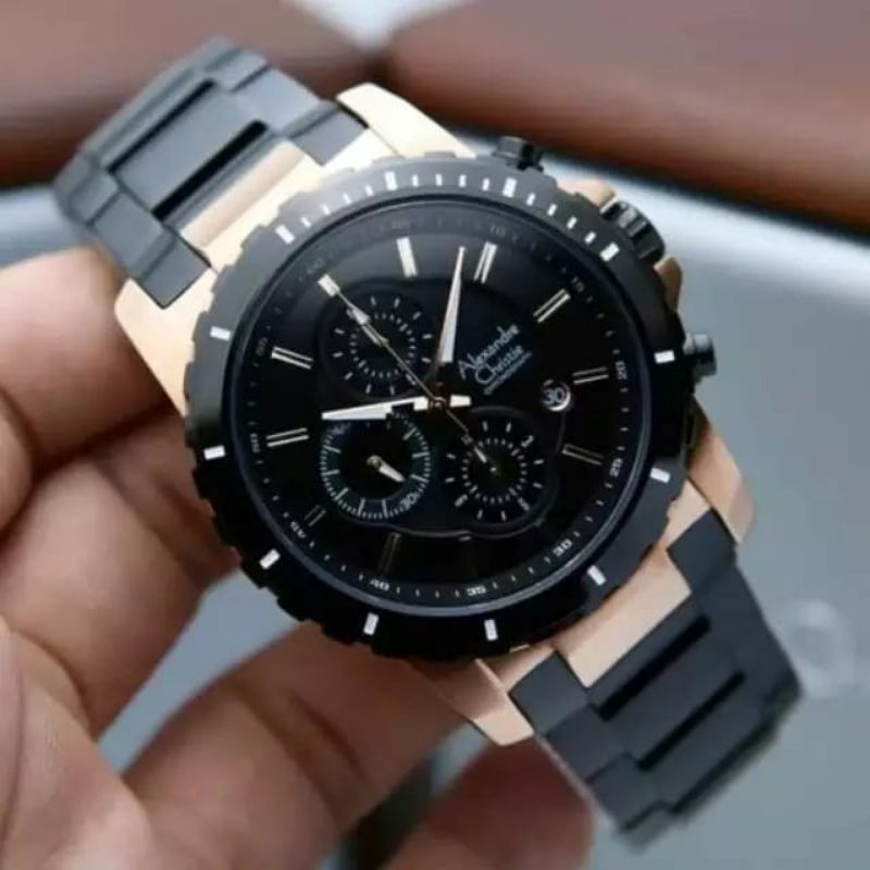 Jam tangan pria Alexander Christie AC 6455 AC 6455 rose gold black original