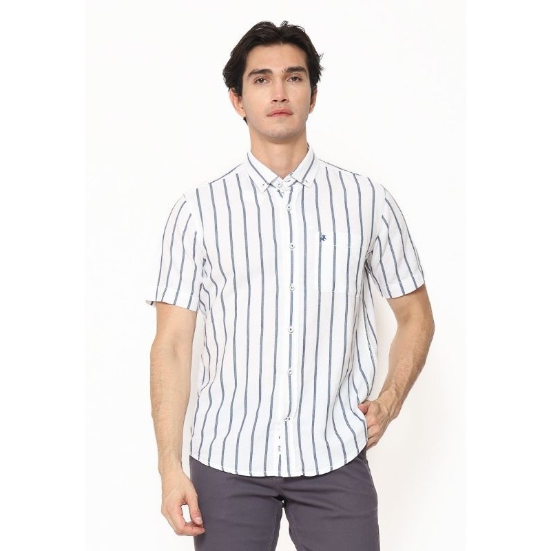 KLS447 KEMEJA LOIS ORIGINAL PRIA LENGAN PENDEK SALUR PUTIH HIJAU
