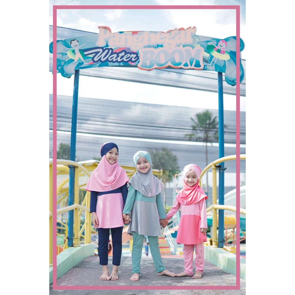 BAJU RENANG ANAK PEREMPUAN JILBAB MUSLIM SYARIAH KERUDUNG FULL SET SIZE S, M, L WARNA PINK
