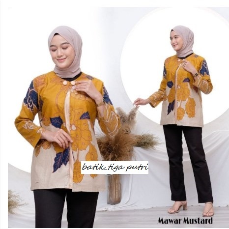 Batik tiga putri - Batik Wanita Blouse Bolero Lengan Panjang motif mawar kuning kunyit Batik Kantora
