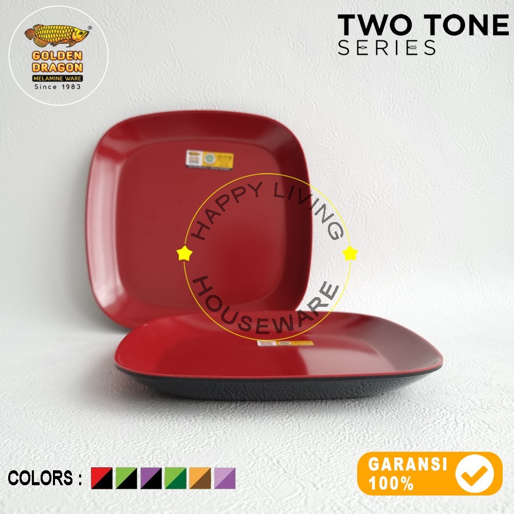 GOLDEN DRAGON Piring Kotak Dalam 8,5in Piring Segi Dalam 22cm Merah Hitam
