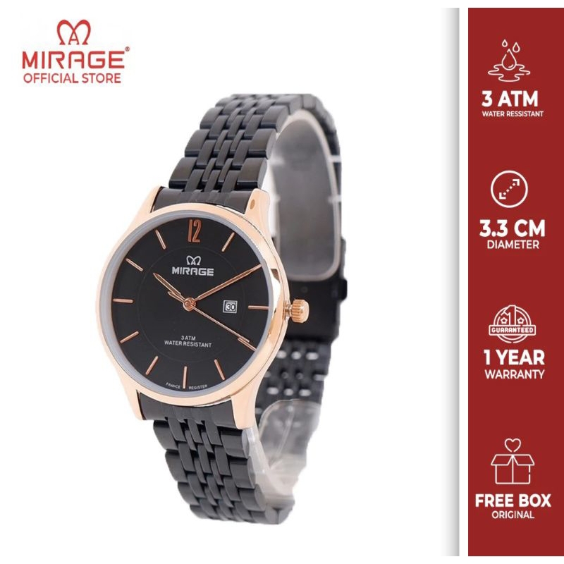 jam tangan mirage rante hitam rose wanita original tahan air jam tangan murah