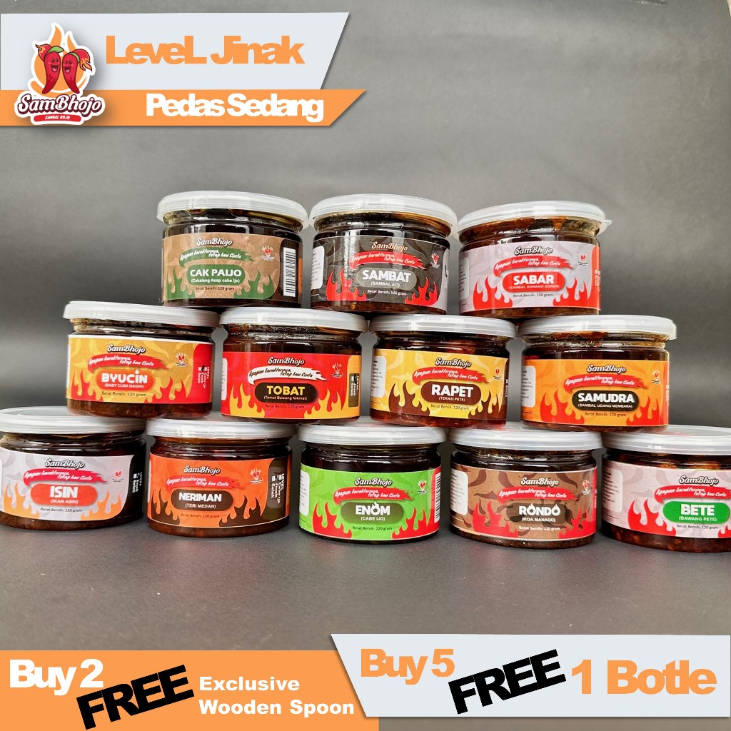 

SamBhojo - Sambal Level Jinak, Sambal Baby Cumi, Sambal Cumi, Sambal Paru, Sambal Bawang, Sambal Udang, dll - Botol 120 gr