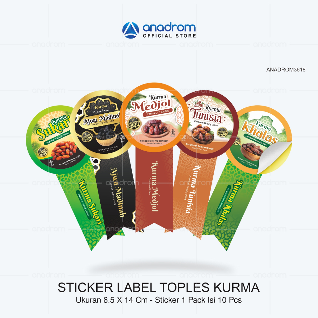 

Sticker Label Toples Ribbon Kurma | Sticker Kurma Sukari, Khalas, Ajwa Madinah, Tunisia, Golden Valley, Golden Orient, Medjol | Anadrom 3618