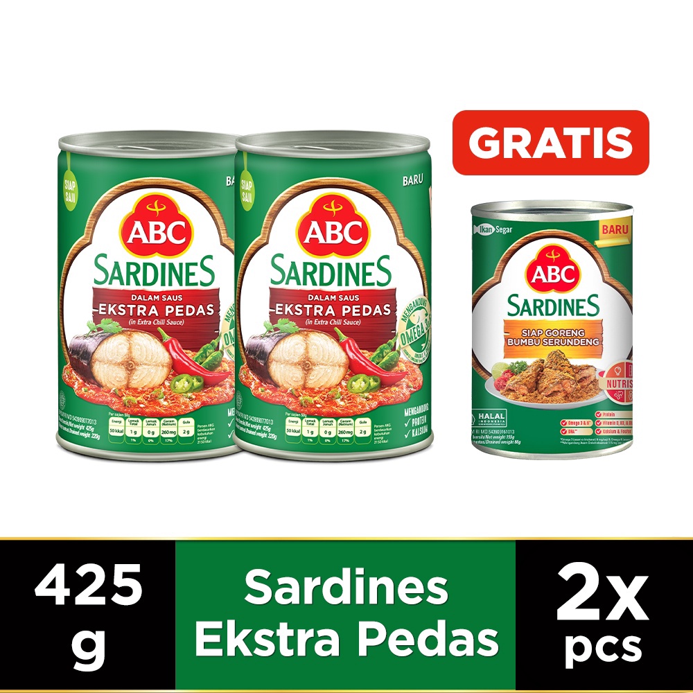 

1212 ABC Sarden Extra Pedas 425g 2pcs Free Sarden Siap Goreng Bumbu Serundeng 155 g murah