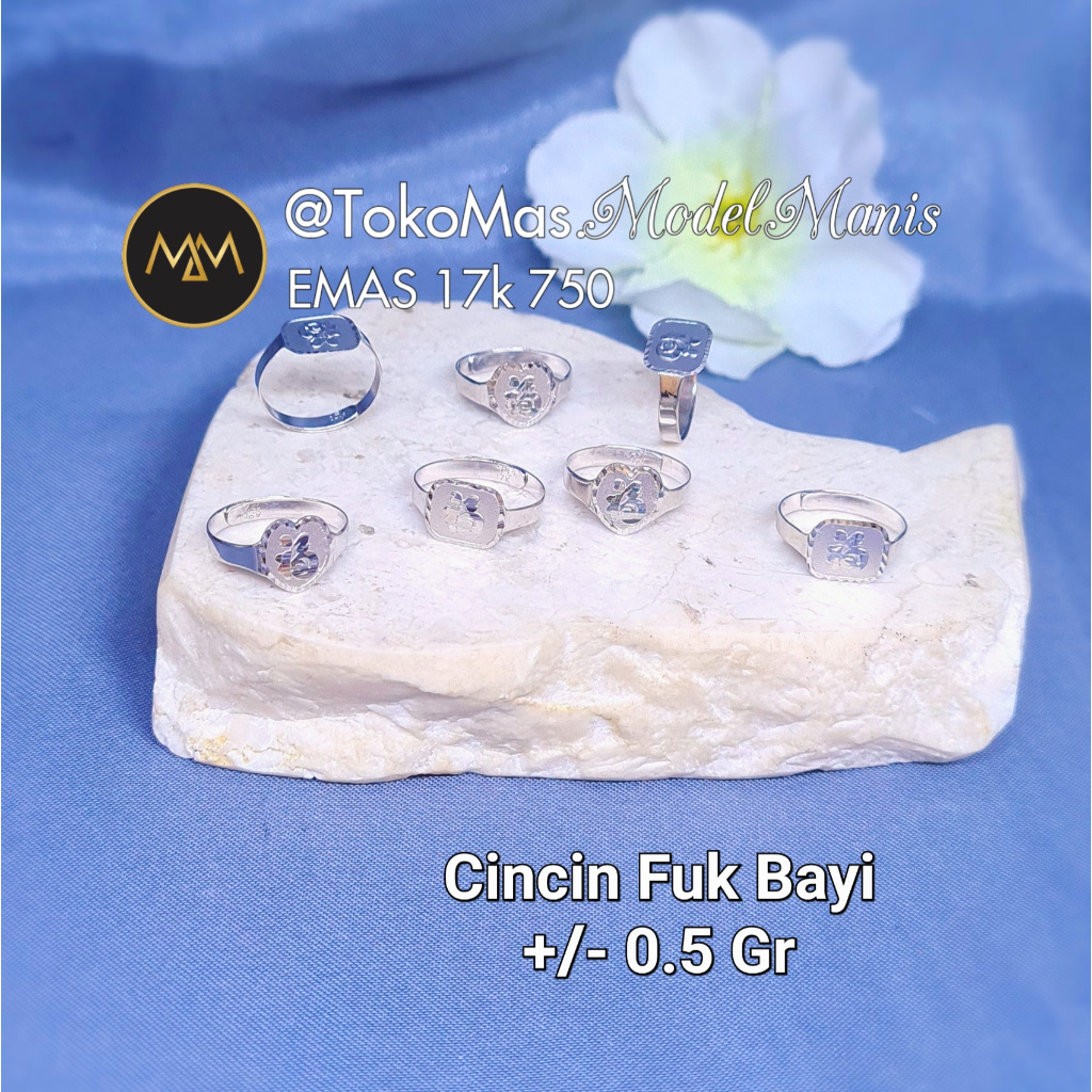 Cincin Bayi Fuk Fu Keberuntungan Emas Putih 750 kadar 17k