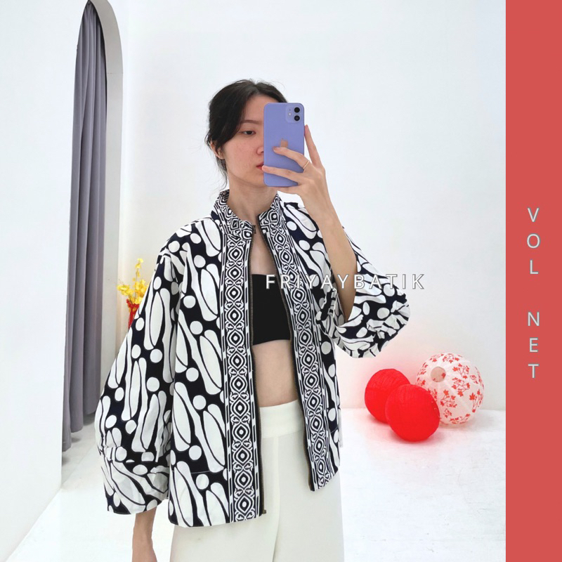 Size XXL - Celine Jacket Batik / Baju Atasan Batik Wanita Lengan 7/8 Navy