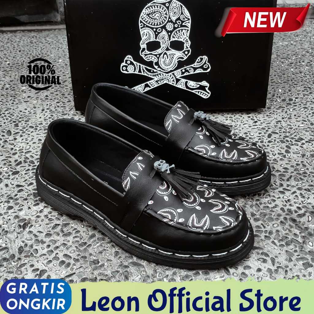 Sepatu Docmart Loafers Formal Hitam Skull Bape Slip On Kerja Casual Pria Original Leon Skull X Bape