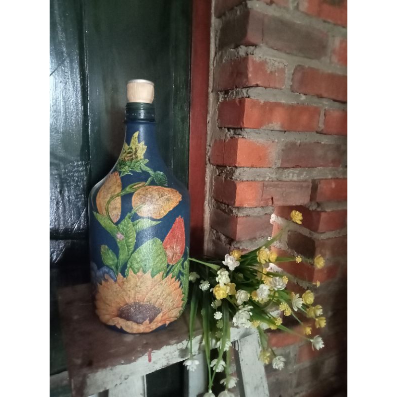 botol decoupage/botol hias/botol kaca/dekorasi/botol kaca decoupage/pajangan/vas decoupage/hiasan