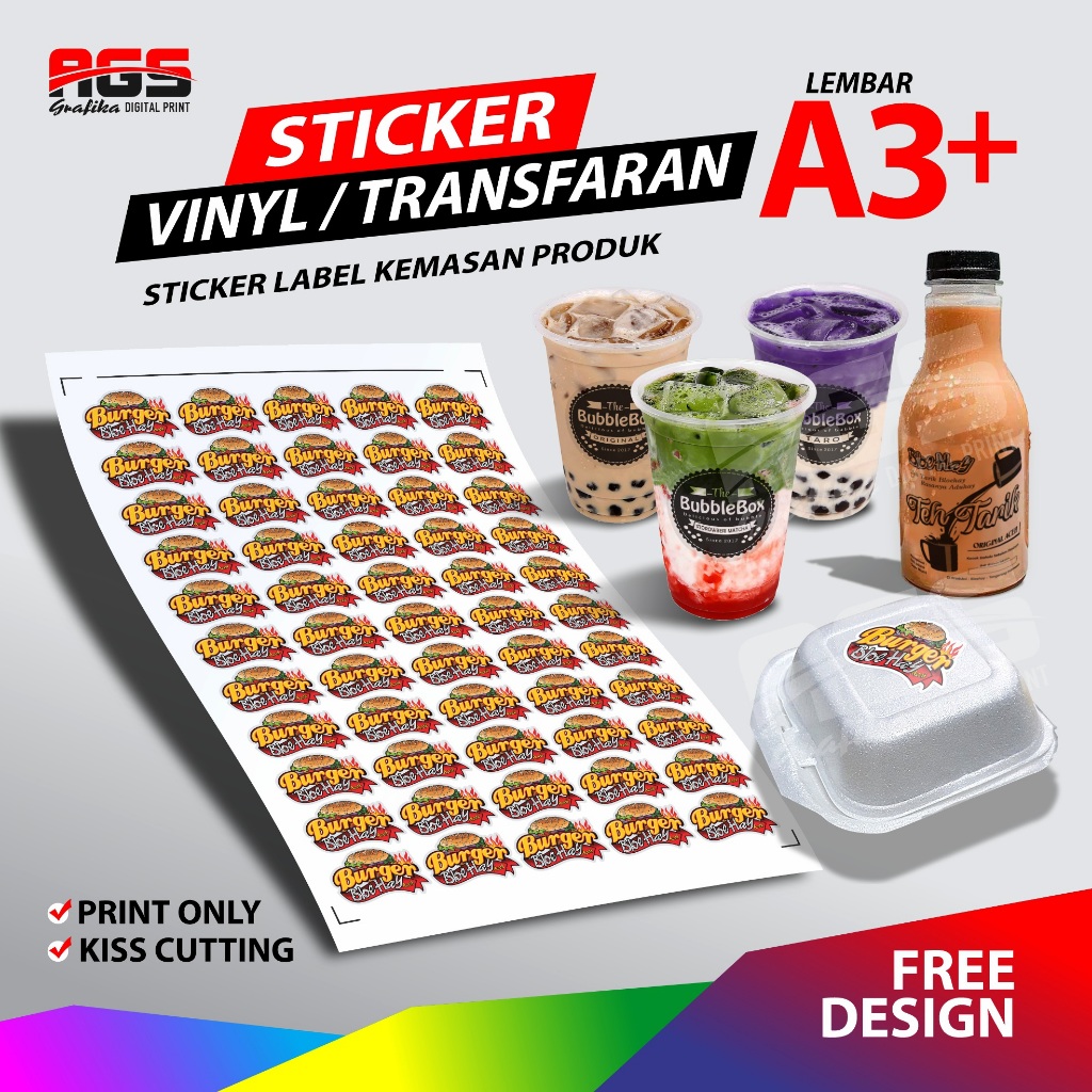 

CETAK CUTTING STIKER VINYL/TRANSFARAN CUSTOM A3+ LABEL KEMASAN MAKANAN MINUMAN FREE DESIGN / ANTI AIR