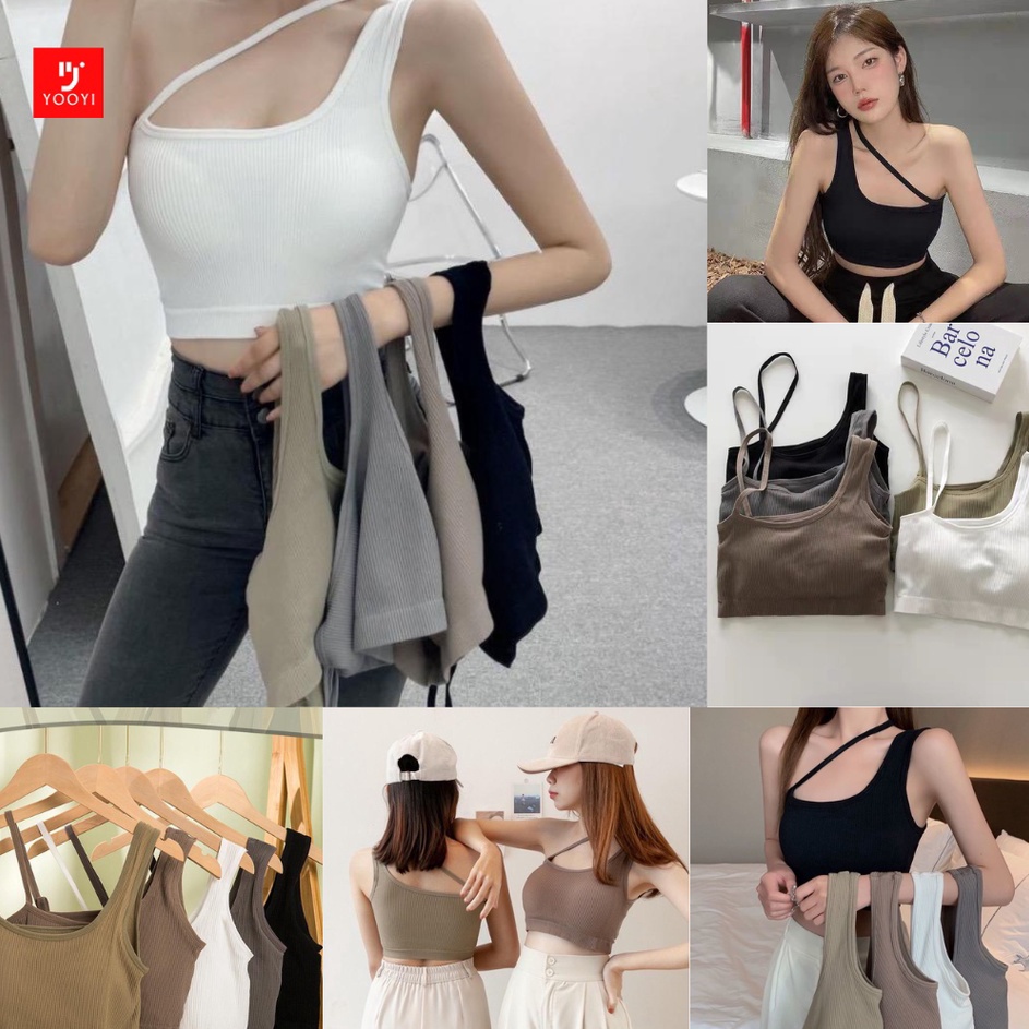 Pasti Diskon  Yooyi Tank Top Wanita Crop Cross Korean Asymmetric Tali Kecil Sebelah Samping Pendek 3