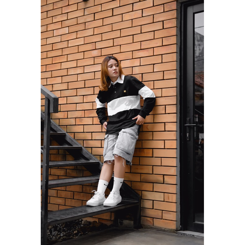 MTBS Mothbless Rugby Shirt Vintage Unisex Lengan Panjang Kaos Polos Unisex Black White