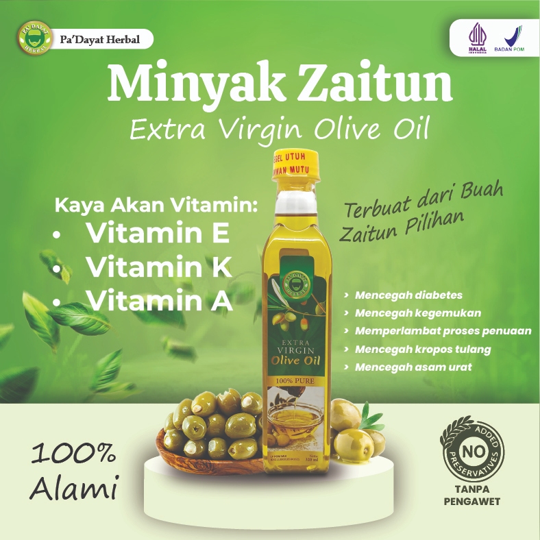

Minyak Zaitun/ Olive Oil Extra Virgin /Aman dikonsumsi/Minyak Kesehatan/ /320 ml PA'Dayat Herbal