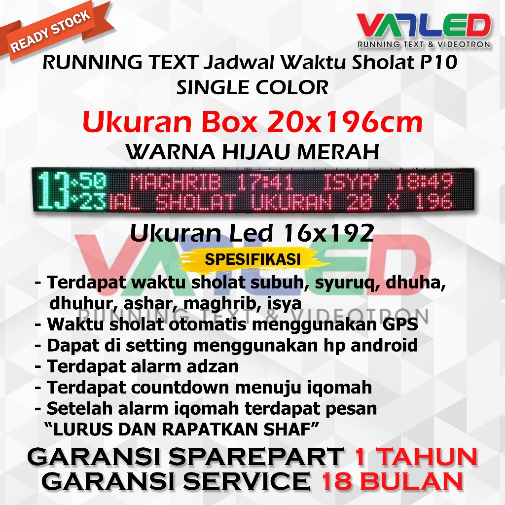 Jam Sholat Jadwal Sholat Digital Jam Masjid P10 Single Color 20x196cm Wifi