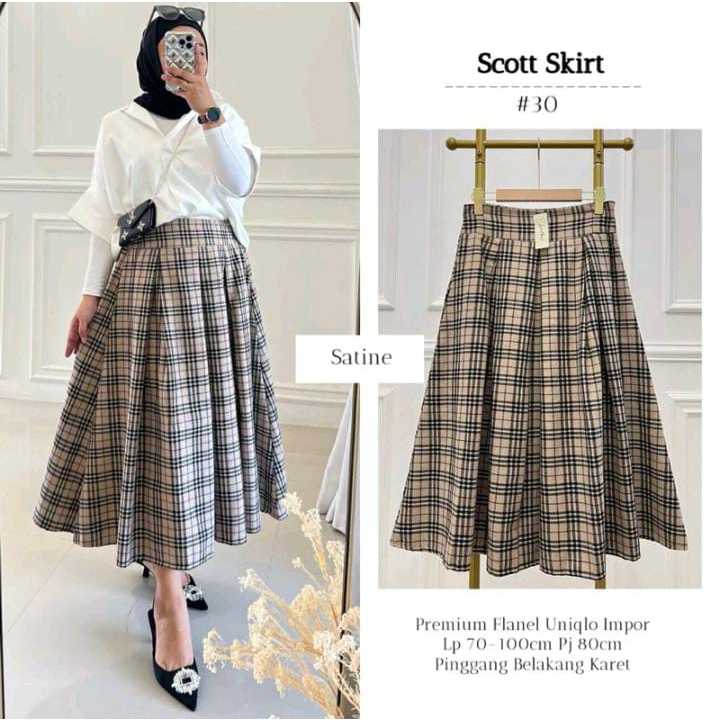 ROK FLANEL MIDI 7/9 MOTIF TARTAN PREMIUM ROK SPAN KERJA WANITA RAMPEL BELAKANG