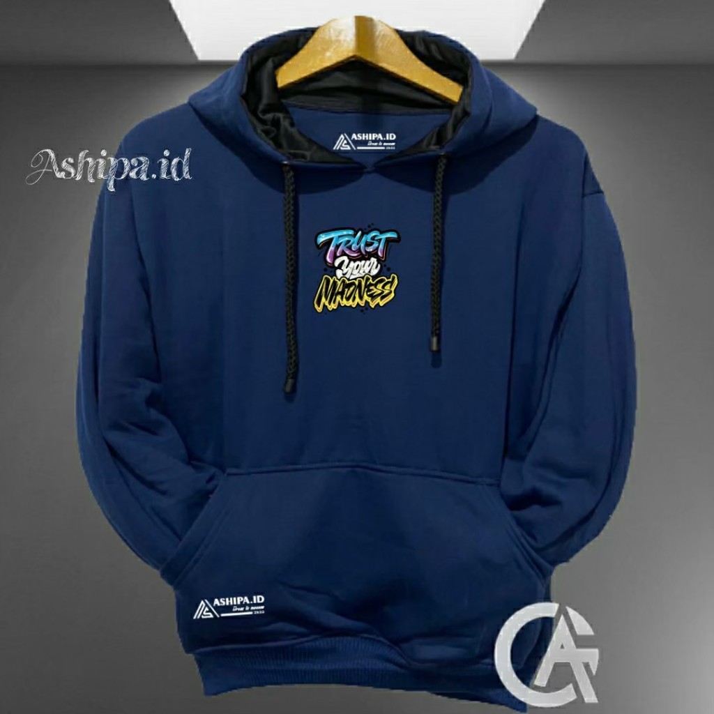 jaket distro original brand lokal warna navy list sablon trust money hoodie cowok distro original sw
