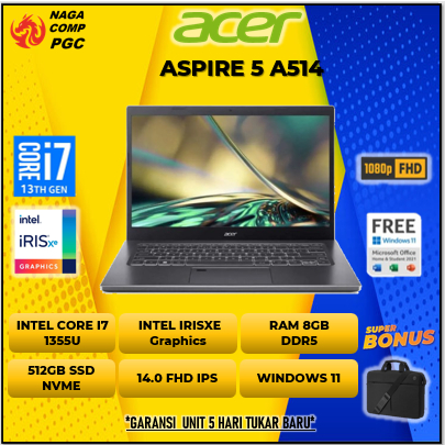 LAPTOP ACER ASPIRE 5 A514 CORE I7 1355U RAM 8GB 512GB SSD 14FHD IPS