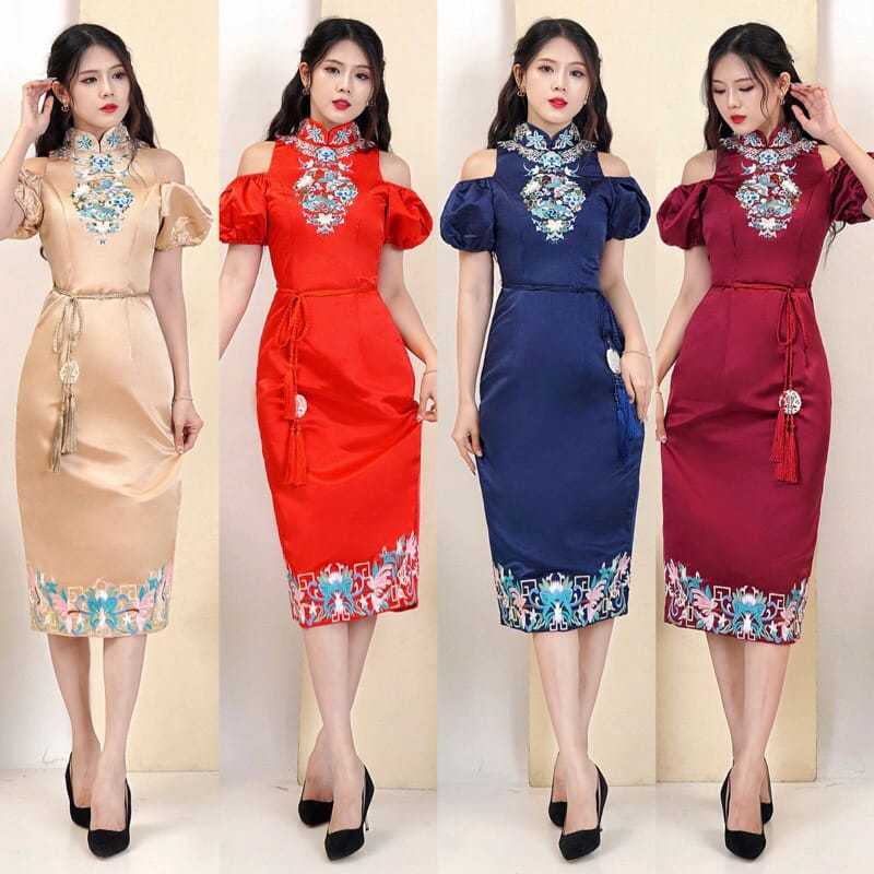 Midi dress cheongsam gold merah maroon biru navy dress cheongsam qipao baju pesta imlek Sincia sangj