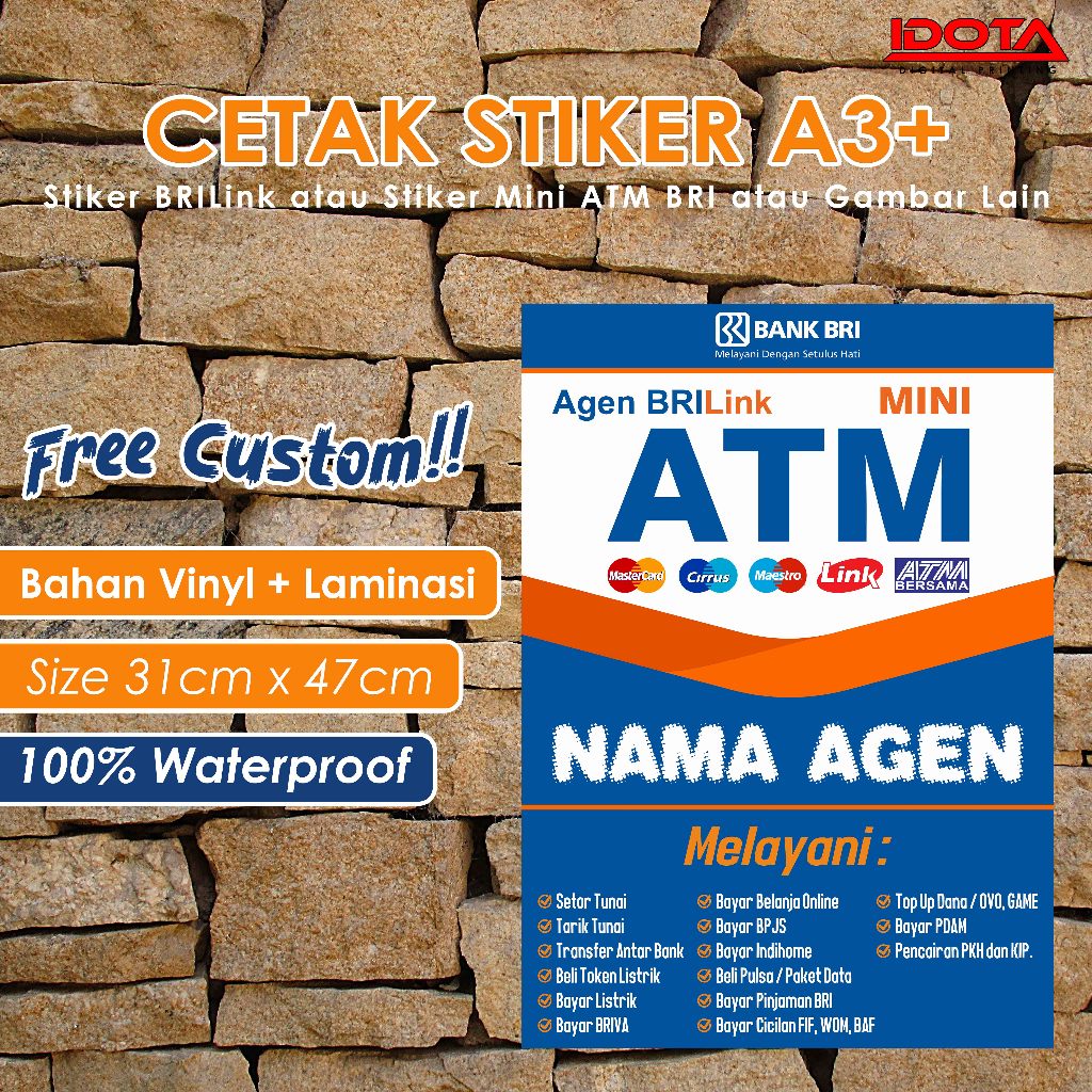 

Cetak Stiker A3+ Stiker BRILink / Stiker Mini ATM / Gambar Lain Custom Size 31 x 47 cm + Laminasi Anti Air