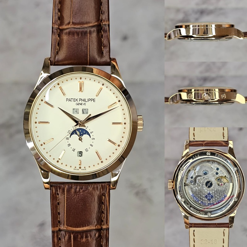 JAM TANGAN PRIA/COWOK PATEK PHILIPPE CALATRAVA ANUAL CALENDAR MOON PHASE LEATHER BROWN ROSEGOLD #Jam