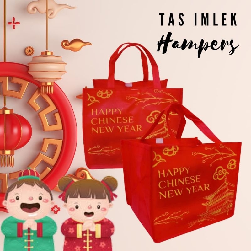 

Tas Hampers Imlek Sablon Gong Xi Fa Cai size 26x22x22 cm