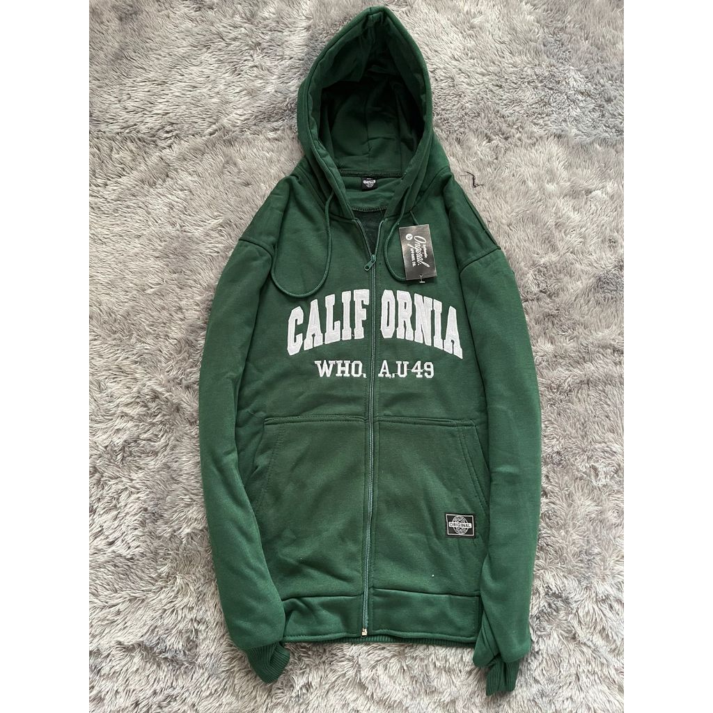 Jaket STM Sweater Hoodie WHO AU Zipper CALIFORNIA Hijau Full Tag Texs FULL Bordir Premium Unisex