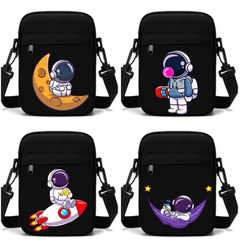 Tas Selempang Hitam Astronout Cute Distro Bahan 100% Kanvas Cordura / Tas Selempang Mini / Sling Bag
