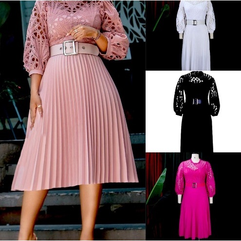 Dress wanita plisket motif brokat Import Dress brukat rok lipat