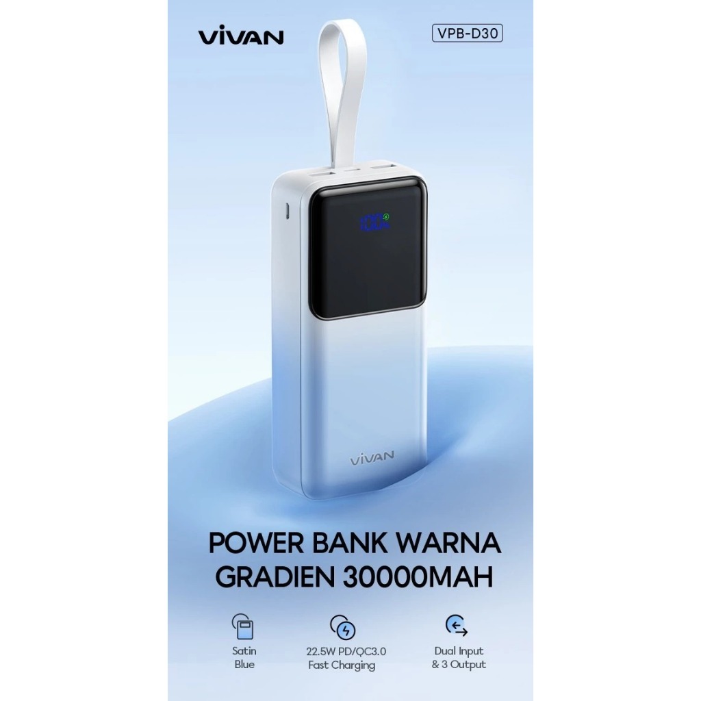 Vivan Powerbank VPB-D30 30000 mAh 2 Input & 3 Output Fast Charging - -04608