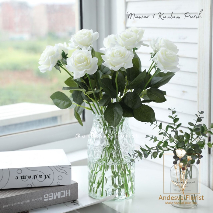 Bunga Mawar Putih 1 Tangkai / Bunga Plastik Tanaman Hias Artificial Mawar Putih 1 Kuntum