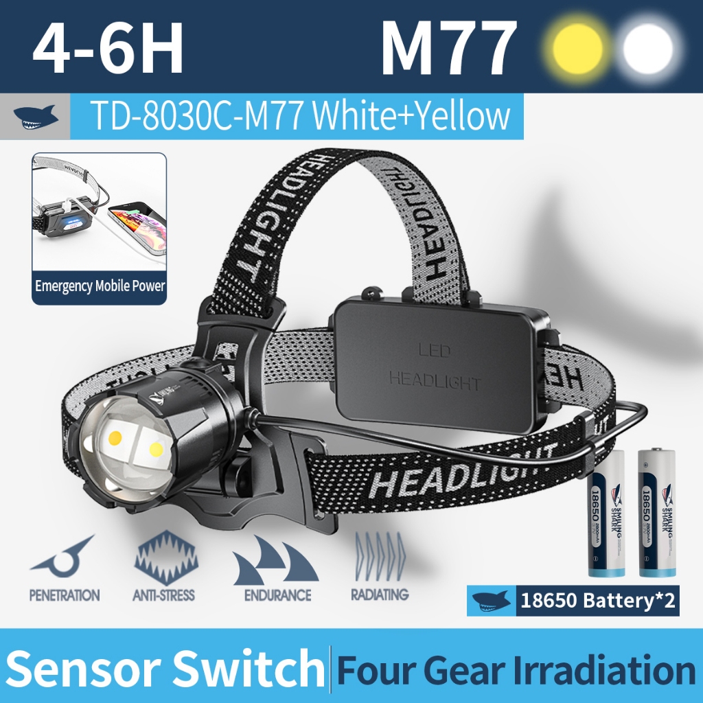 Senter Smiling Shark TD8030 SmilingShark TD 8030 Senter Kepala Headlamp Headlight M77 White Yellow