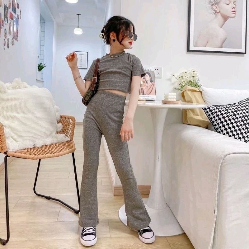 JS27 Setelan anak perempuan crop celana panjang cutbray polos / baju anak cewek usia tanggung