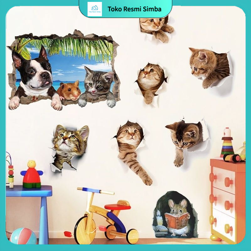 TRS stiker dinding vynil PVC motif kucing 3D lucu untuk dekorasi kulkas / kamar tidur / walpaper din