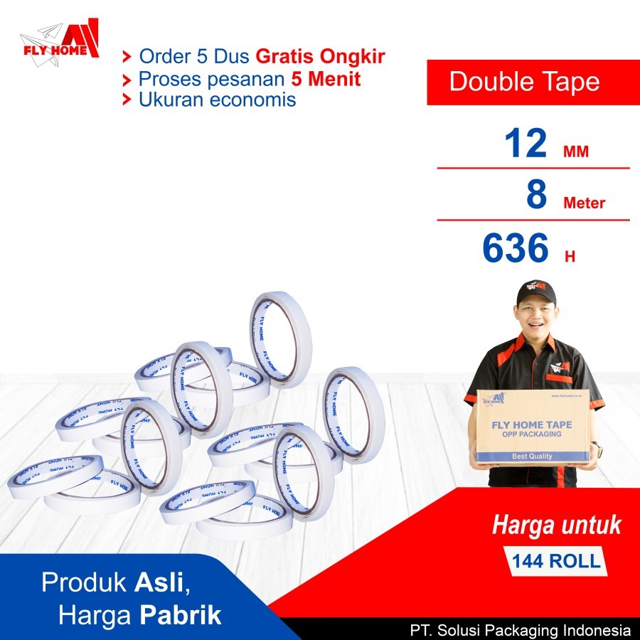 

FLYHOME Double tape 1/2 dus 12mm x 8meter hotmel 144 roll ukuran full