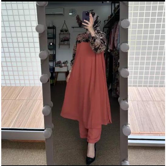 oneset long tunik sahlaa kombinasi set hijab tunik panjang wanita Oneset Long Tunik Crinkel kombinas