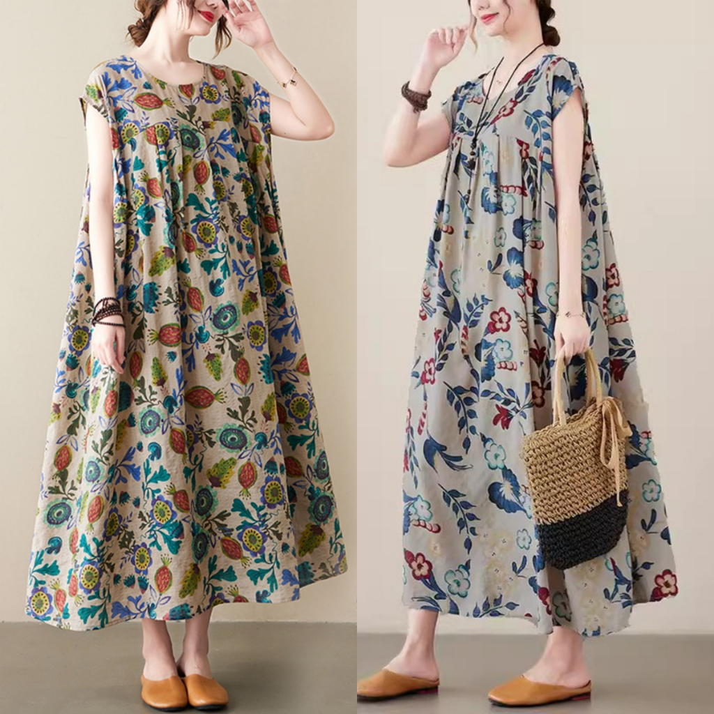 LC009 Premium Oversized Floral Dress Tipis Tanpa Lengan Fashion Korea Terbaru