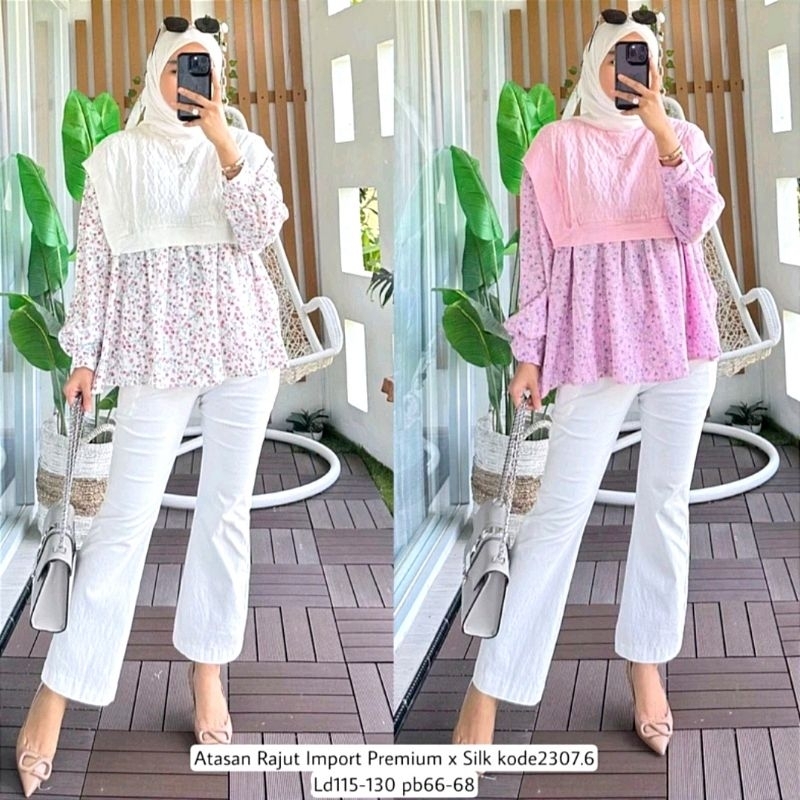 [ foryourstyle.id ] Ready Stock - Atasan Blouse Knit Pink Flower Kombinasi Silk &amp; Rajut Import by Zara Woman